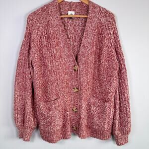CABI CHUNKY CABLE KNIT GRANDMA CORE BUTTON DOWN CARDIGAN RED CREAM V NECK MEDIUM
